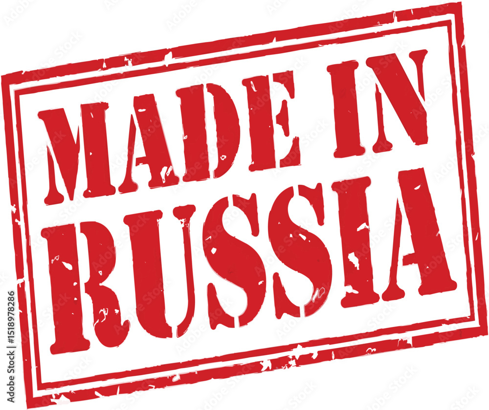 Poster a red rubber stamp on a black background with the words made in russia in a rectangular border desig