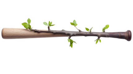 Baseball bat seamlessly morphing into a growing tree branch, symbolizing heritage or growth in the sport, isolated on Transparent background.