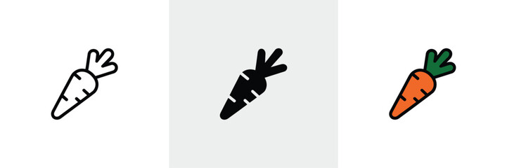 Fototapeta premium Carrot Icons Line Art, Silhouette, and Colored Illustration of Fresh Vegetable on White Background