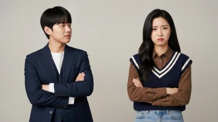 Uncomfortable Young Asian Couple Standing with Arms Crossed, conflict moment. in studio scene.
