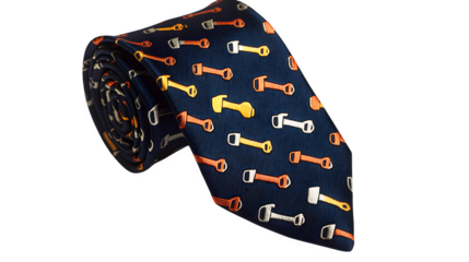 Father's Day necktie patterned with tiny repeating hammer and wrench icons, silk texture, isolated on Transparent background.
