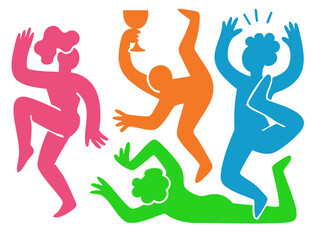 People Party illustration, colorful minimalist style, mid-century modern, childlike shapes, whimsical character design, no outlines, solid colors, stylized proportions