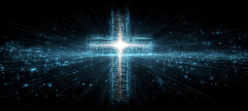Glowing Jesus Cross symbol in dark. Religion faith worship spirituality concept. Generative AI technology.	
