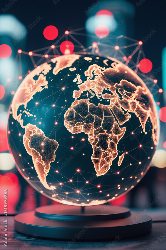 Poster illuminated globe depicting global network connections and data visualization with technology