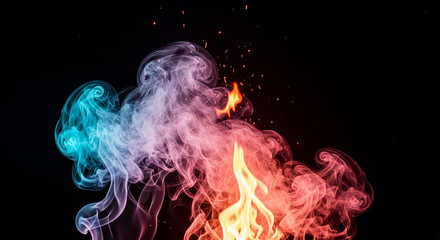 Obraz premium Vivid flames and colorful smoke emerge against a deep black background