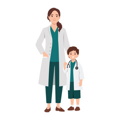 Fototapeta premium Doctor stands proudly beside a smiling young boy dressed like a doctor, mentorship, dreams. Flat vector illustration isolated on white background