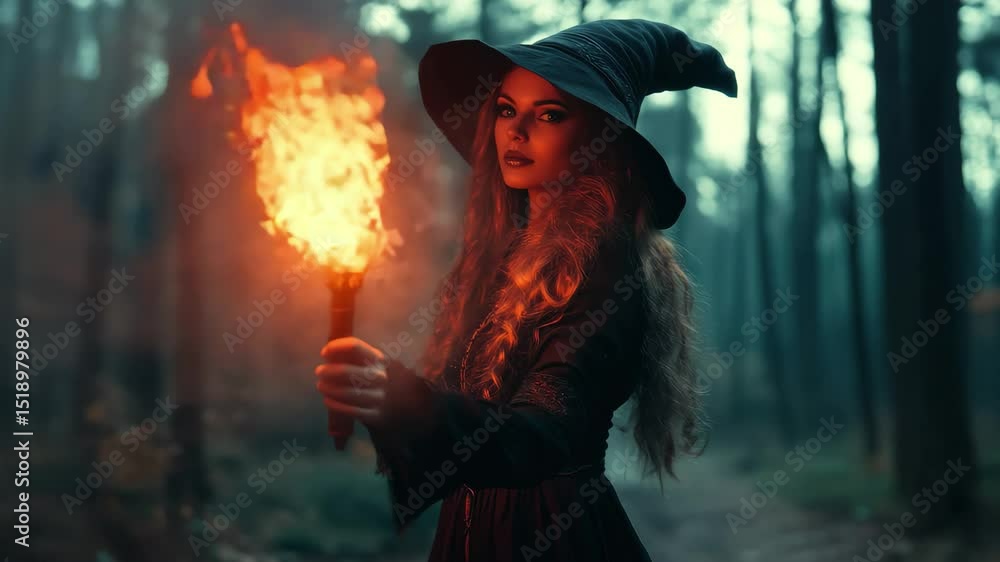 Poster witch holding a flaming torch in a dark forest atmosphere at twilight, witch with flaming torch in d