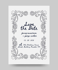 Save the date wedding poster with hand drawn whimsical hydrangea flower and ribbon bow illustration. scribble line art style.