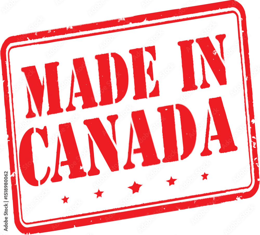 Poster red made in canada stamp with a rectangular border and stars on a black background indicating origin