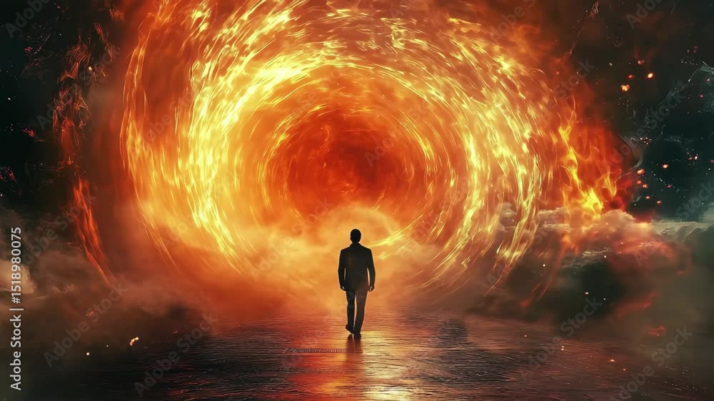 Poster man walks towards a fiery vortex in a surreal dreamscape filled with intense colors and shapes, man 