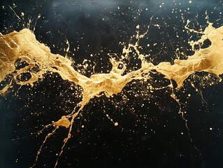 Golden splash on dark background abstract art design, liquid gold burst in space