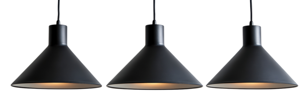 Three matte black conical pendant lights hang in a row, softly illuminated from within against a dark background