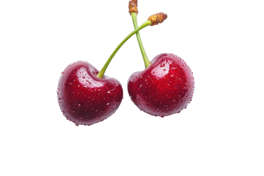 Two ripe, red cherries glistening with water droplets, stems intertwined against a black background