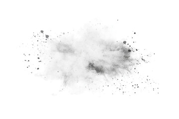 An amorphous white cloud, textured and slightly granular, explodes against a stark black backdrop, with scattered speckles at its edges