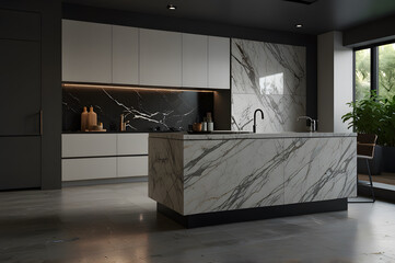 Luxury large modern black marble kitchen united with dining room and living room