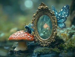 Enchanted woodland reflection featuring a butterfly, mushroom, and ornate frame