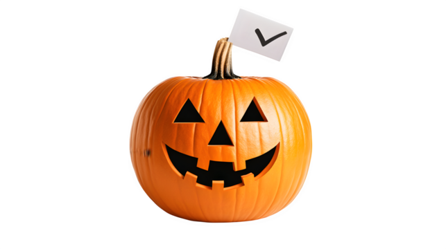 Stylized illustration of a pumpkin carved with a voting checkmark icon for election season, isolated on Transparent background.