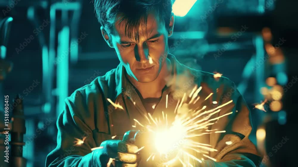 Poster male engineer uses welding torch in a workshop during evening hours, male engineer using welding tor