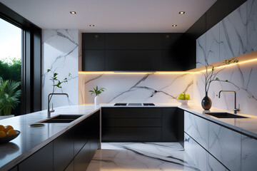 Luxury large modern black marble kitchen united with dining room and living room