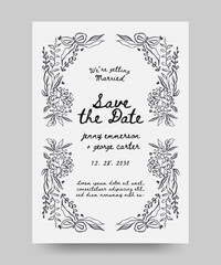 Save the date wedding poster with hand drawn whimsical hydrangea flower and ribbon bow illustration. scribble line art style.
