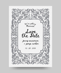 Save the date wedding poster with hand drawn flower frame illustration. scribble line art style.