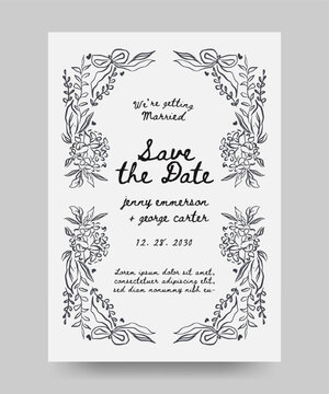 Save the date wedding poster with hand drawn whimsical hydrangea flower and ribbon bow illustration. scribble line art style.