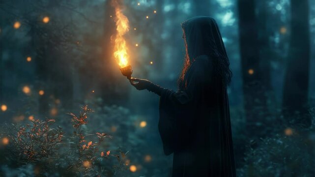 Witch conjures magic with a flaming torch in a dark enchanted forest at twilight, Witch with flaming torch in dark forest creating a mysterious and magical atmosphere Fantasy concept