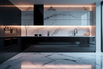 Luxury large modern black marble kitchen united with dining room and living room