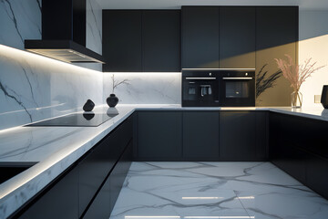 Luxury large modern black marble kitchen united with dining room and living room