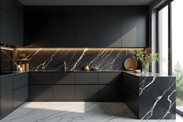 Luxury large modern black marble kitchen united with dining room and living room