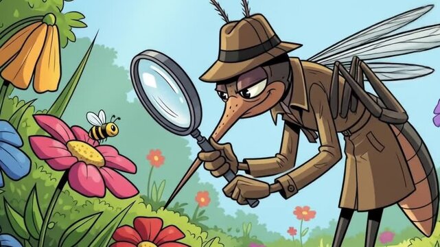Detective Mosquito Investigates Colorful Flowers and Busy Bee