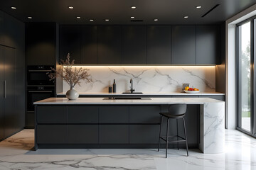 Luxury large modern black marble kitchen united with dining room and living room