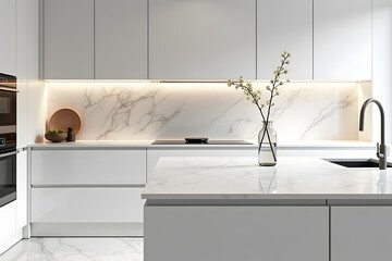 An ultra-modern minimalist kitchen with full marble backsplash and countertop, marble floors, and seamless white cabinetry