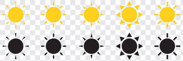 Doodle different sun icons set. Scribble yellow sun with rays symbols. Doodle children drawings collection. Hand drawn burst. Hot weather sign. Vector illustration isolated on white background.