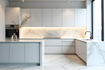 An ultra-modern minimalist kitchen with full marble backsplash and countertop, marble floors, and seamless white cabinetry