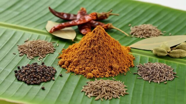 Colorful spices on banana leaf