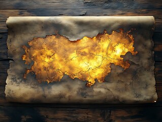 Ancient geographical map on weathered parchment displaying illuminated continent