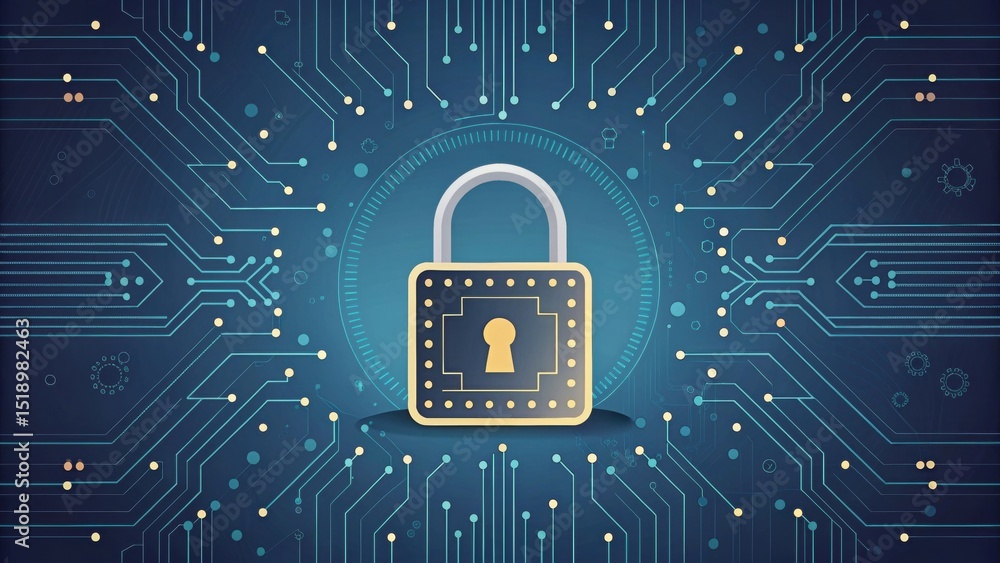 Poster digital padlock on circuit board background, symbolizing cybersecurity and data protection.