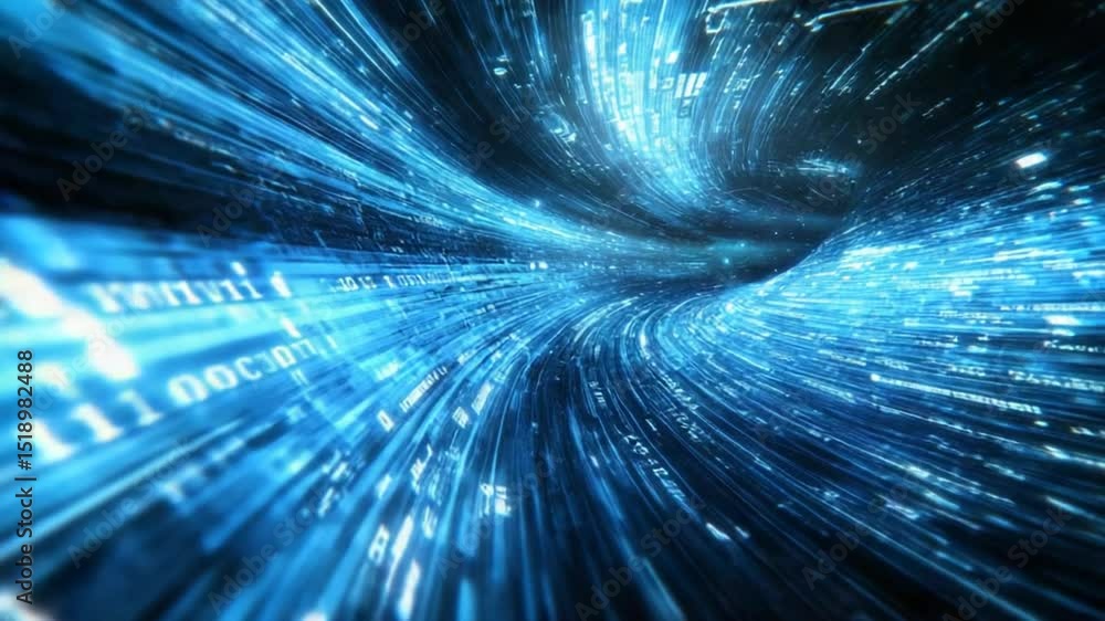 Poster digital data stream through an immersive blue binary code tunnel animation