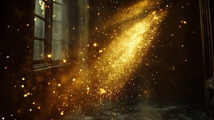 Mystical golden light illuminating through a weathered window into a dark room