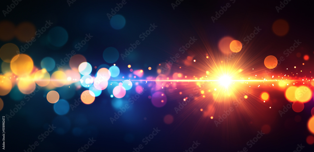 Poster this picture shows a field of colorful bokeh with a bright light source in the center emitting dazzl