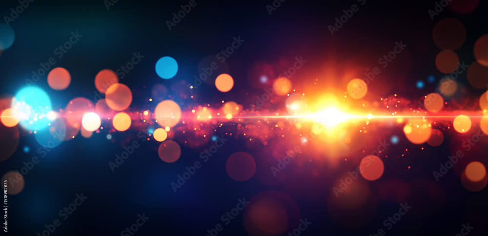 Poster this picture shows a field of colorful bokeh with a bright light source in the center emitting dazzl