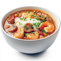 A delicious and hearty bowl of shrimp gumbo garnished with fresh parsley and white rice