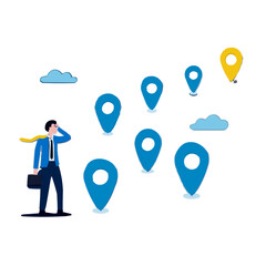 Funny cartoon businesspeople with speech bubbles mark social network location on a web map design