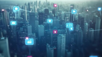 Social media icons overlay urban skyline showcasing connectivity and digital communication trends, Social media and notification icons over the cities social network concept High quality - Powered by Adobe