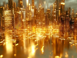 Golden city illustration showing reflection on the ground with blur background