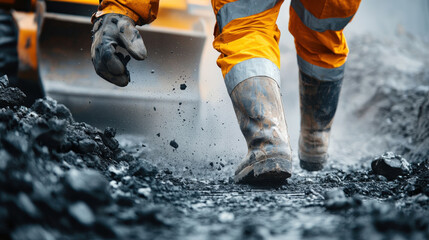 Construction worker in orange reflective gear and boots walks through dusty, rocky site, with heavy machinery in background. scene captures gritty, industrious atmosphere of construction work