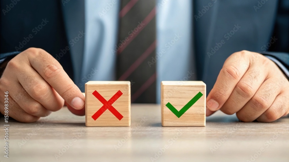 Poster businessman holding blocks with a checkmark and cross symbol, representing decision-making or evalua