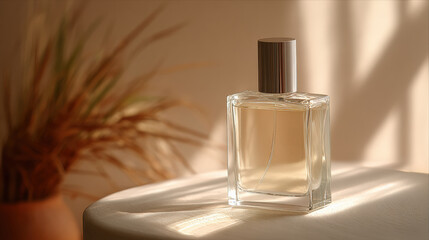 Minimalist transparent glass perfume bottle sits elegantly on wooden surface, illuminated by soft natural light, creating warm and inviting atmosphere