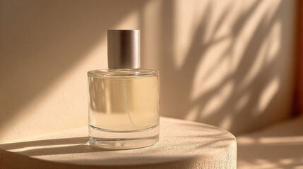 Minimalist transparent glass perfume bottle sits elegantly on smooth surface, illuminated by soft sunlight casting gentle shadows, creating serene and calming atmosphere